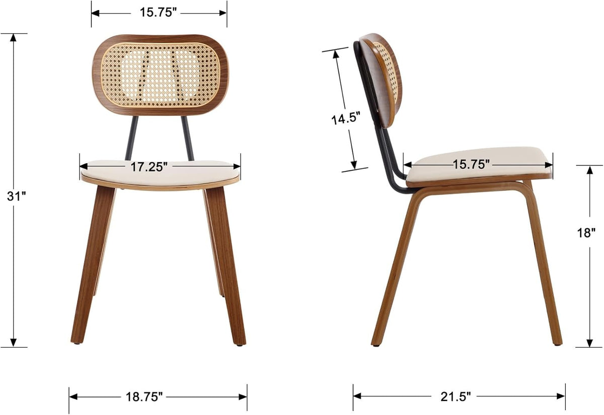 CIMOTA Mid Century Modern Dining Chairs Set of 4, Rattan Back Kitchen Chairs with Solid Wood Frame, Upholstered Faux Leather Seat, Armless Cane Dining Room Chair for Kitchen, Farmhouse, PU Beige