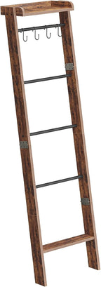 Hzuaneri Blanket Ladder Shelf, Decorative Quilt Rack, 6-Tier Farmhouse Ladder Holder Organizer with 4 Removable Hooks 7.9" D x 17.3" W x 63.4" H, Rustic Brown BR35801B