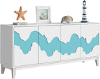 Anbuy Modern 4 Door Sideboard Buffet Cabinet with Storage Blue Water Stream Design - Versatile Storage Solution for Kitchen, Living Room, Bedroom, Coffee Bar (White and Blue)