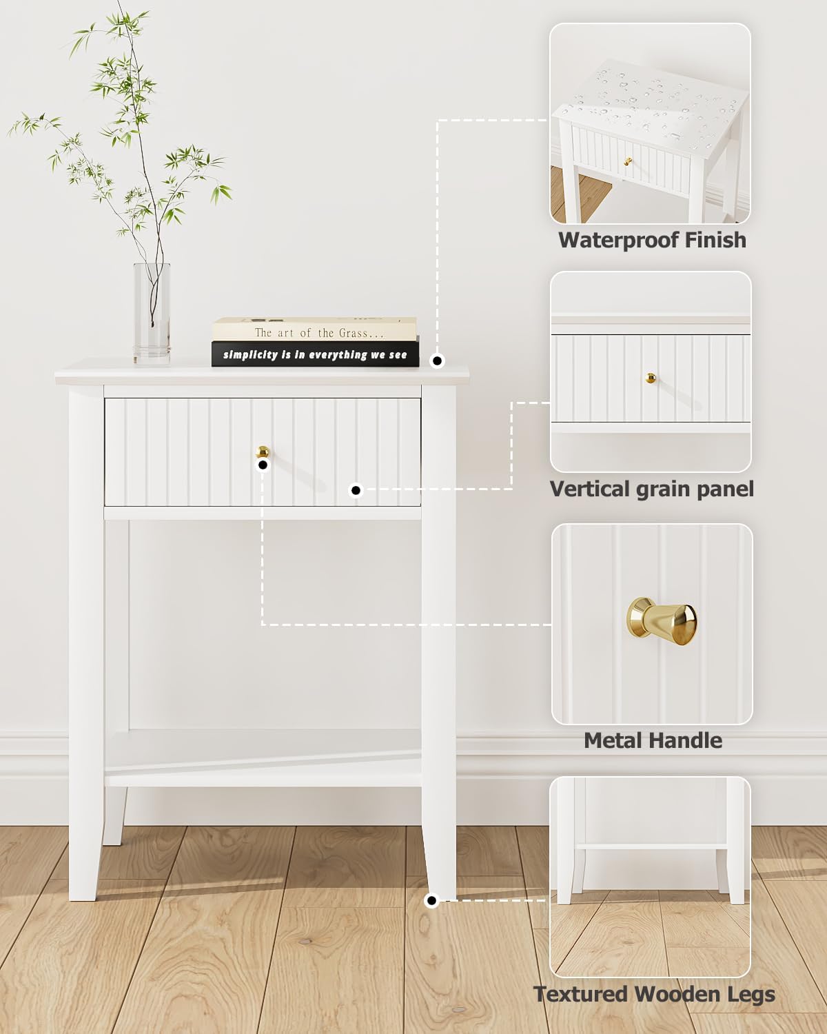 Fluted Nightstand, Farmhouse Night Stand with 1 Drawers, Mid Century Modern Side Accent Table,Bedside End Table for Bedroom, Living Room, White