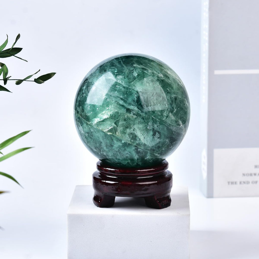 Large Green Fluorite Crystal Ball with Stand Natural Crystals Sphere Gemstone Ball Meditation Witchcraft Home Decor 80-90mm/3.1-3.5"