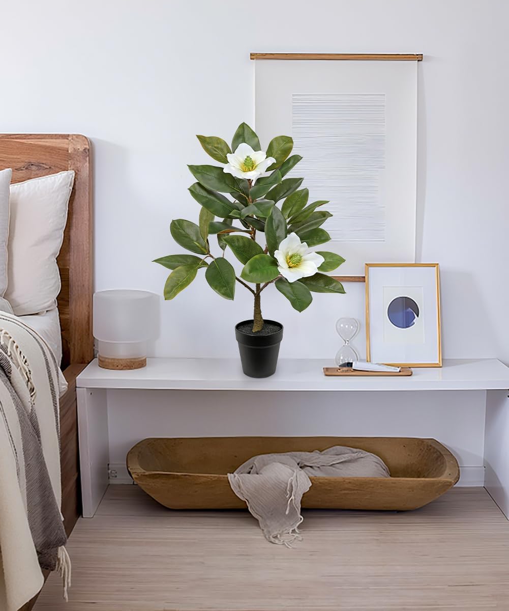 Briful Artificial Magnolia Flower Tree in Black Pot – 26.3in Tall Faux Magnolia Plant with Realistic White Blooms Fake Potted Silk Floral Tree for Home Office Room Kitchen Outdoor Porch Décor