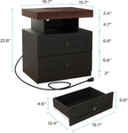 MHOM Farmhouse LED Nightstand Set of 2, Wood Bedroom Side Table with Charging Station, Rustic End Table with Drawers for Bedroom, Antique Black