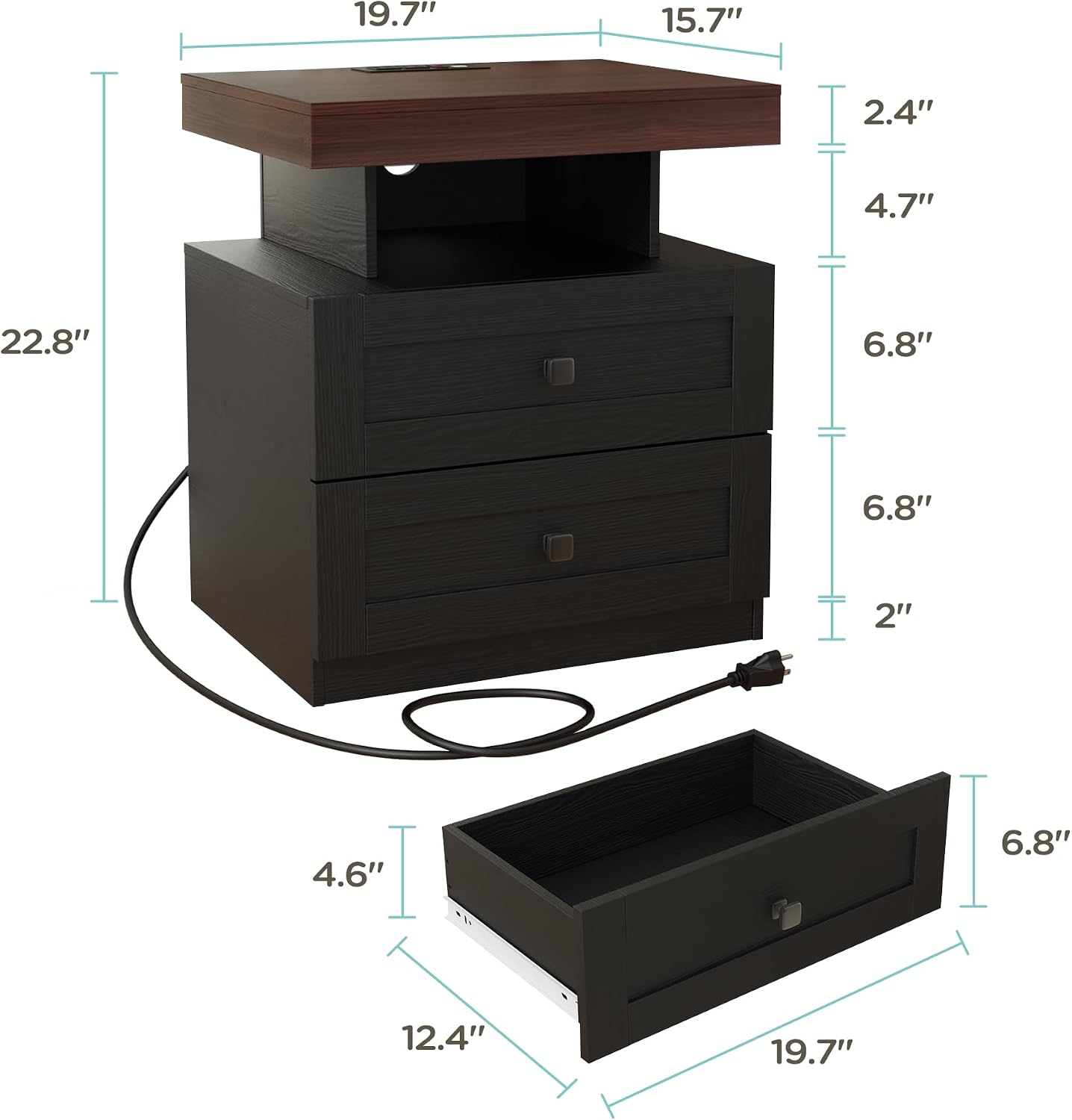 MHOM Farmhouse LED Nightstand Set of 2, Wood Bedroom Side Table with Charging Station, Rustic End Table with Drawers for Bedroom, Antique Black