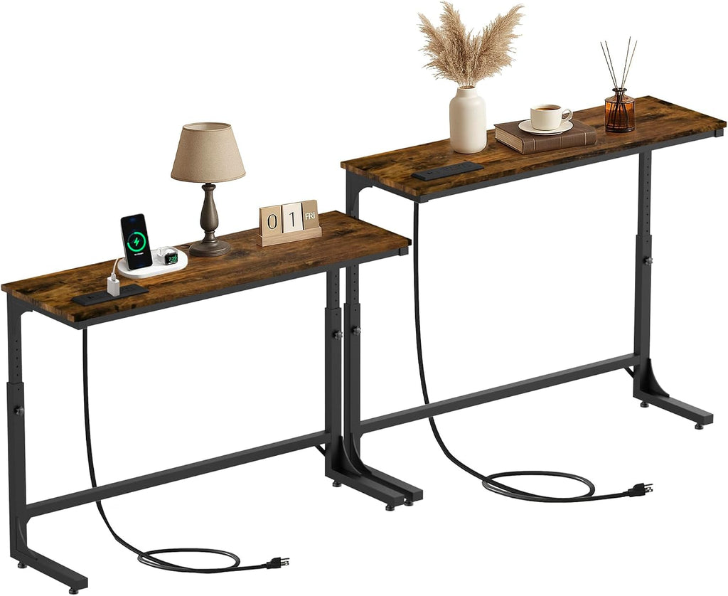 2 Pack 11.8" Wide Behind Couch Table with Charging Station | 11.8"Wx78.8"L Sofa Table, Long Narrow Console Table with Adjustable Height (25"-33"), USB-C & Outlets, Living Room, Entryway