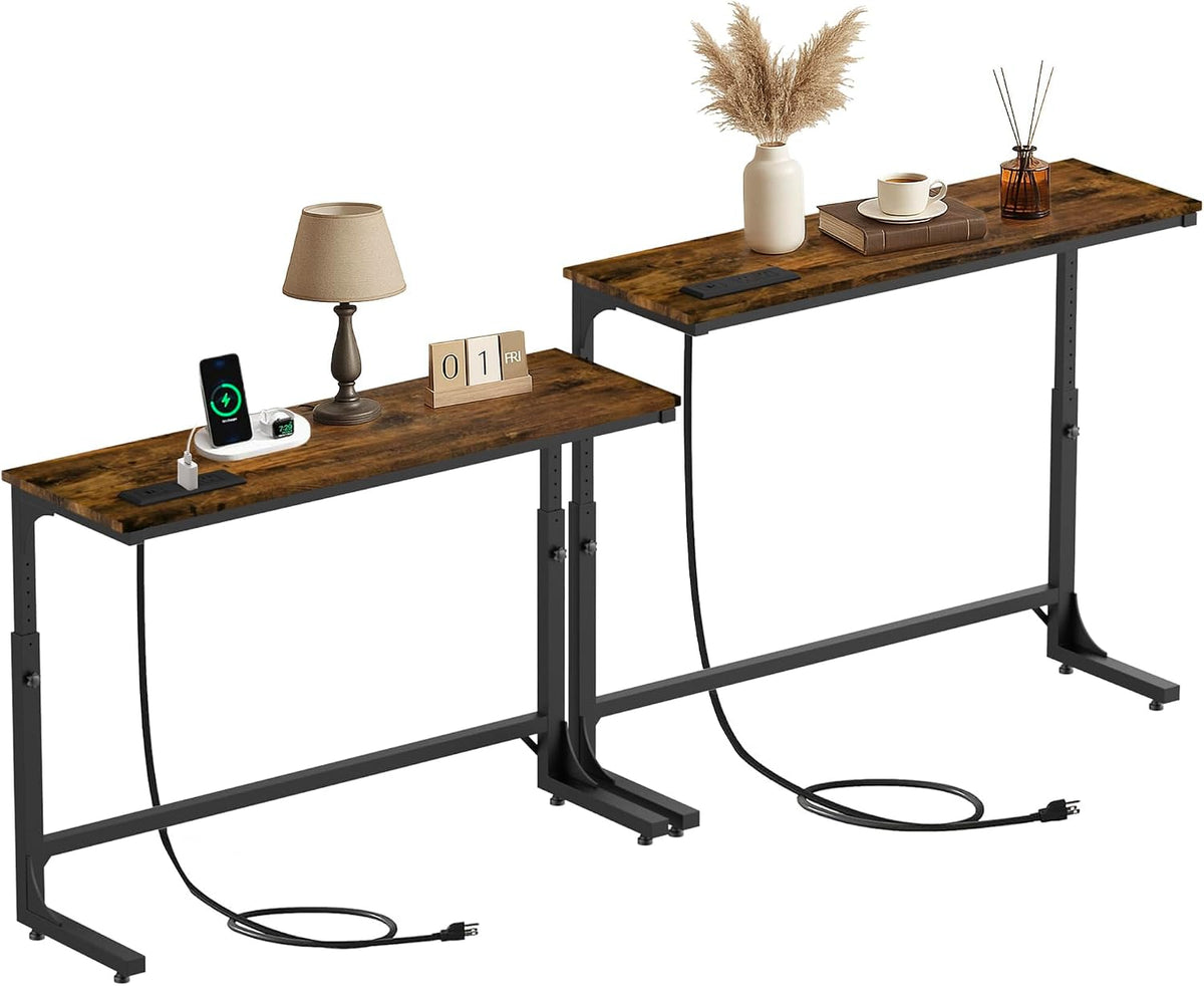 2 Pack 11.8" Wide Behind Couch Table with Charging Station | 11.8"Wx78.8"L Sofa Table, Long Narrow Console Table with Adjustable Height (25"-33"), USB-C & Outlets, Living Room, Entryway