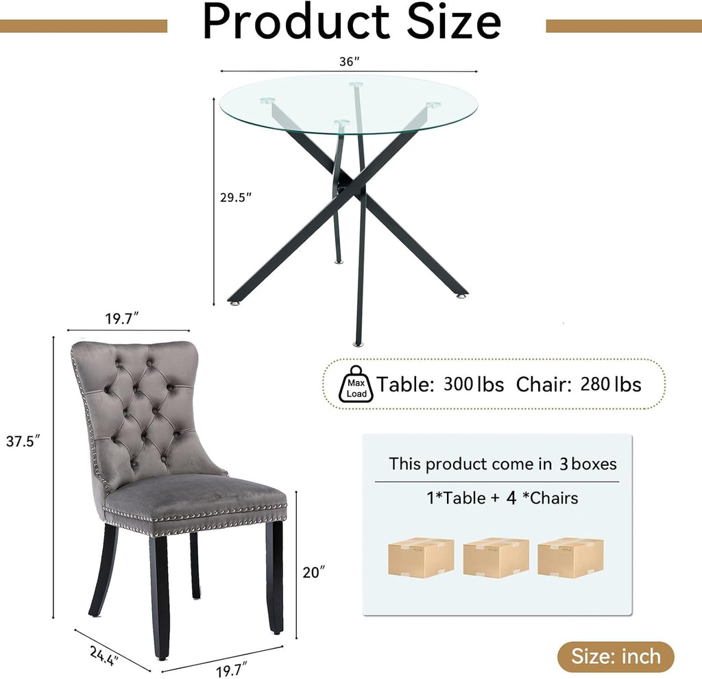 Small Round Dining Table Set for 4, Modern Glass Kitchen Table Chairs Set of 4, 5-Piece Dining Table Set w/36 Circle Black Glass Dining Room Table and 4 Grey Upholstered Dining Chairs