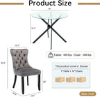 Small Round Dining Table Set for 4, Modern Glass Kitchen Table Chairs Set of 4, 5-Piece Dining Table Set w/36 Circle Black Glass Dining Room Table and 4 Grey Upholstered Dining Chairs