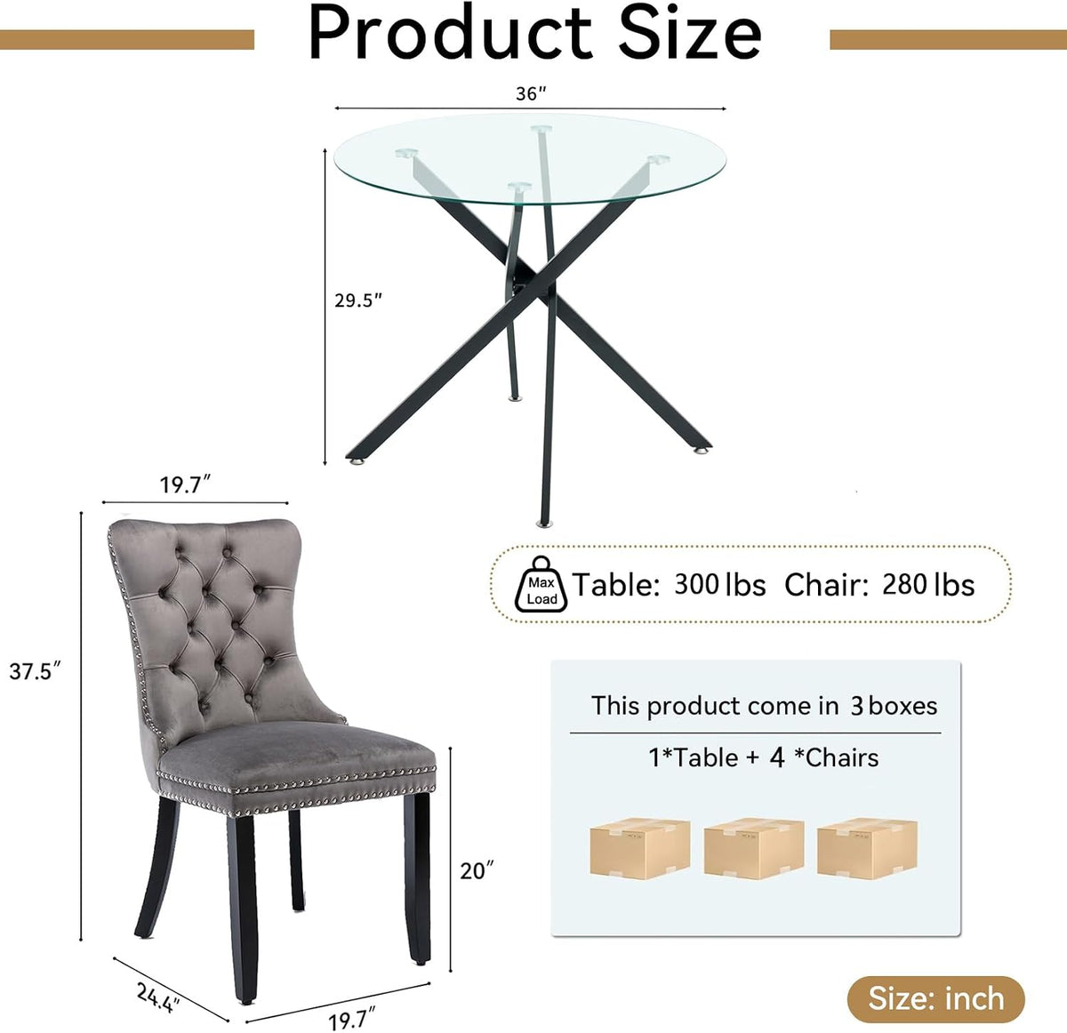 Small Round Dining Table Set for 4, Modern Glass Kitchen Table Chairs Set of 4, 5-Piece Dining Table Set w/36 Circle Black Glass Dining Room Table and 4 Grey Upholstered Dining Chairs