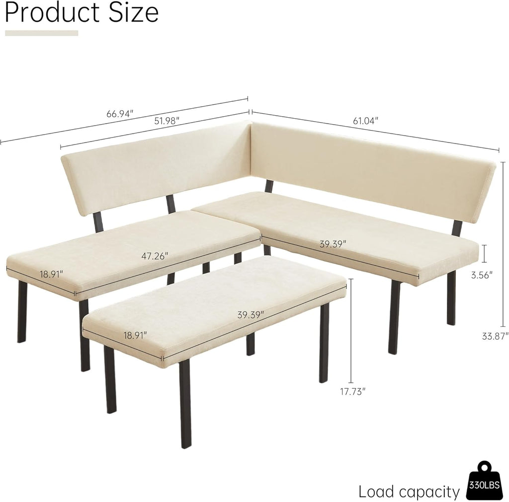 HIPIHOM Modern L-Shaped Dining Bench, 67 Inch Fabric Upholstered Corner Sofa with Metal Legs for Kitchen Nook, Living Room, Dining Room (Beige)