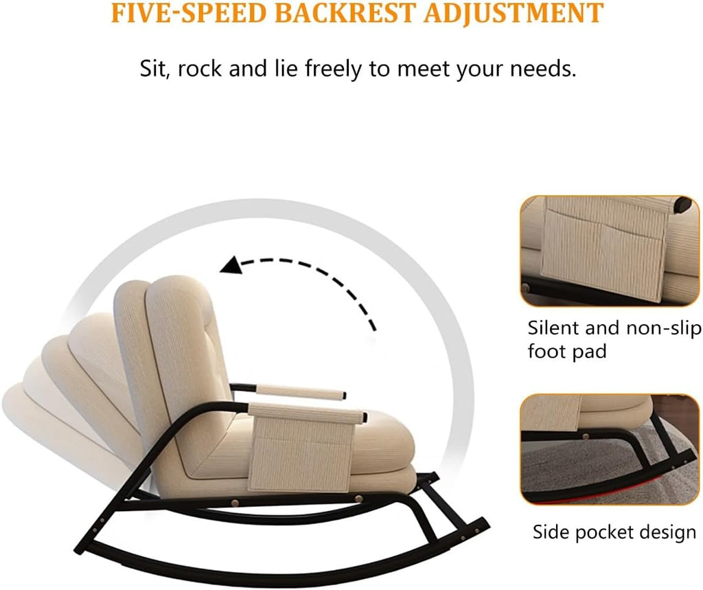 Oversized Rocking Chair with Cushion, Modern Accent Rocking Chair with Armrests, Recliner Chair with Footrest, Backrest with Five-Position Adjustment for Bedroom Living Room(Off-White)