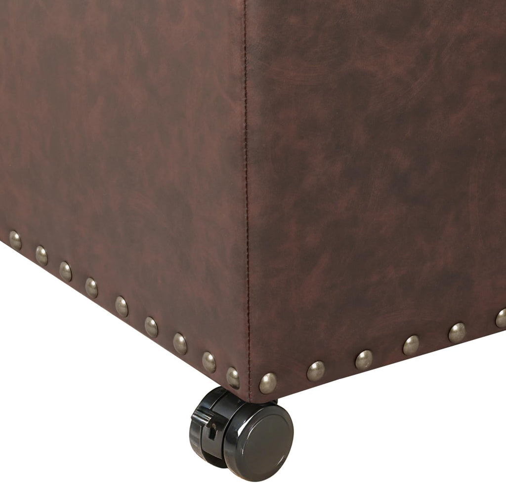 Adeco 16.7" H Brown Leather Storage Ottoman with 360 Caster Wheels, Square Foot Stool with Decorative Bronze Thumb Tacks & 330 LB Load Capacity, Modern Ottoman for Living Room, Bedroom, Entryway