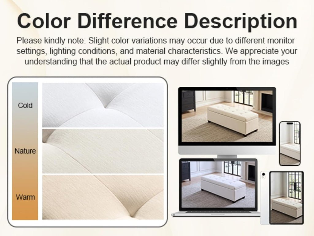 Asense 42" Storage Ottoman Bench, Large Linen Upholstered Rectangular Footstool with Safety Hinges, End of Bed Bench for Bedroom, Entryway Bench with Storage, Window Seat, Beige