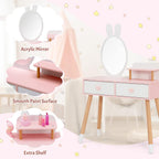 INFANS Kids Vanity Set, 2 in 1 Wooden Princess Makeup Table and Chair with Mirror Storage Drawers Shelf, for Little Girls, Rabbit Themed Toddler Dressing Desk Beauty Play Set Gift