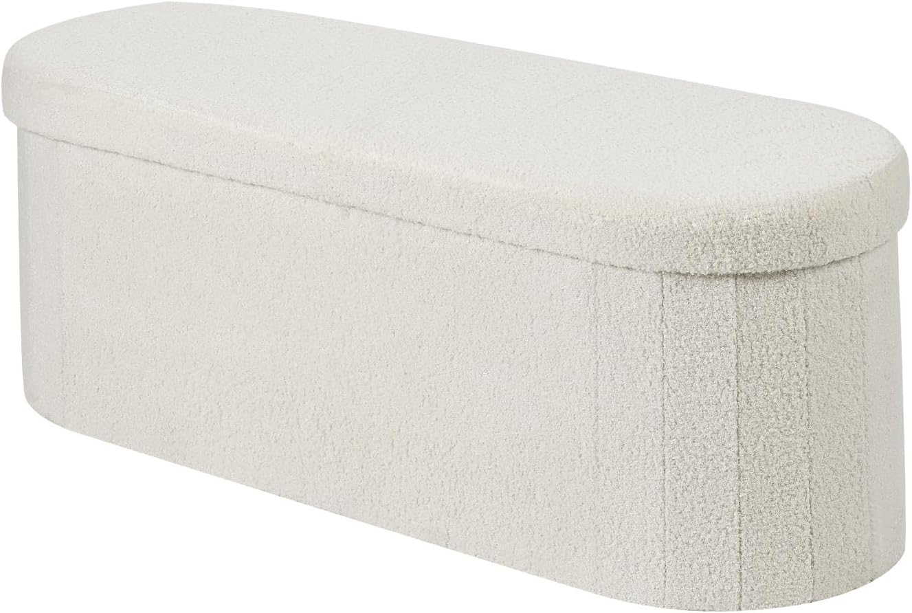 VEVOR Oval Storage Ottoman Bench, Foldable Teddy Fleece End of Bed Bench, Folding Upholstered Bed Ottoman Chest with Large Storage Space, Supports 660 lbs, for Living Room, Bedroom, Entryway, Beige
