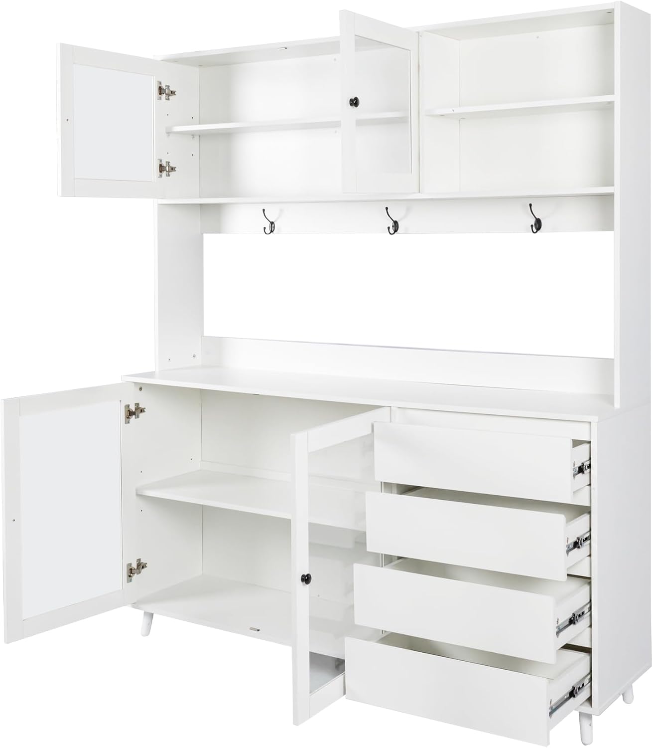 63'' Farmhouse Kitchen Pantry Cabinet, Tall Kitchen Storage Cabinet Home Storage with Microwave Stand, Freestanding Kitchen Hutch Cabinet with Storage 4 Doors, 4 Drawers - muebles para cocina (White)