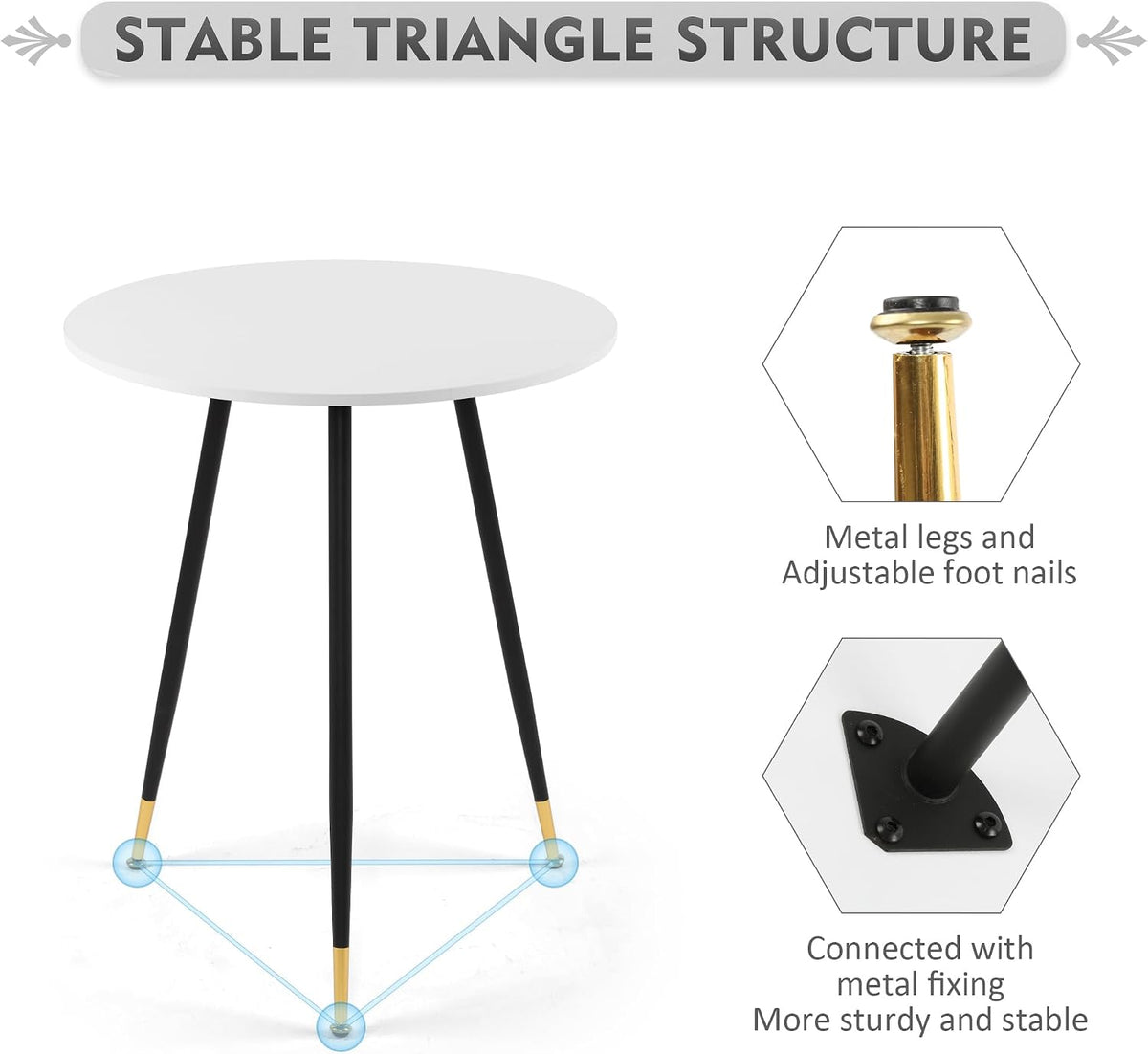 NOBPEINT Round Modern Wooden Side Table, 28 Inches End Table with 3 Metal Legs, Leisure Coffee Table (White)