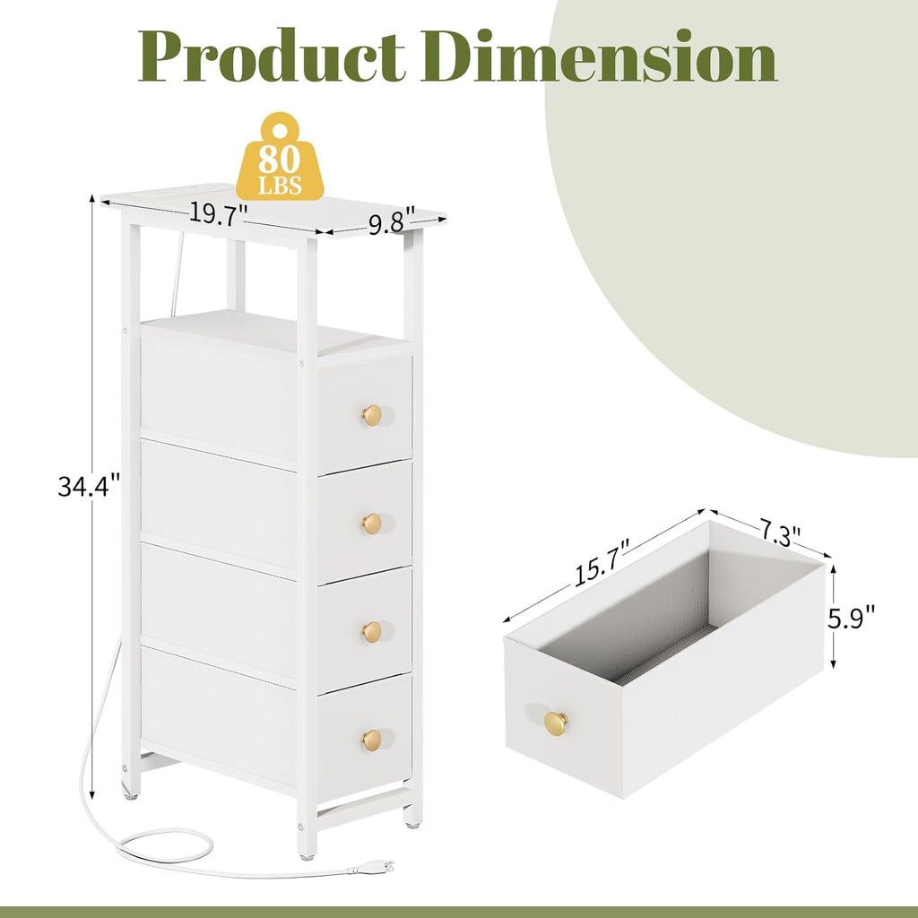 Yoobure LED Narrow Nightstand with Charging Station - Slim Dresser for Bedroom Narrow Side Table Storage Cabinet, Small Dressers Chest of Drawers, Tall Night Stand End Table for Small Spaces, White