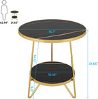 Tribesigns Faux Marble End Table, 2 Tier Round Side Table with Shelves, Modern Black Nightstand Bedside Table Small Coffee Accent Table for Living Room Bedroom, Black and Gold