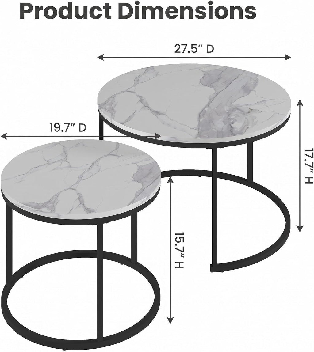 Living Room Side Table, Round Coffee Tables for Living Room, Modern Nesting Drink for Small Spaces, Set of 2 (Marble)