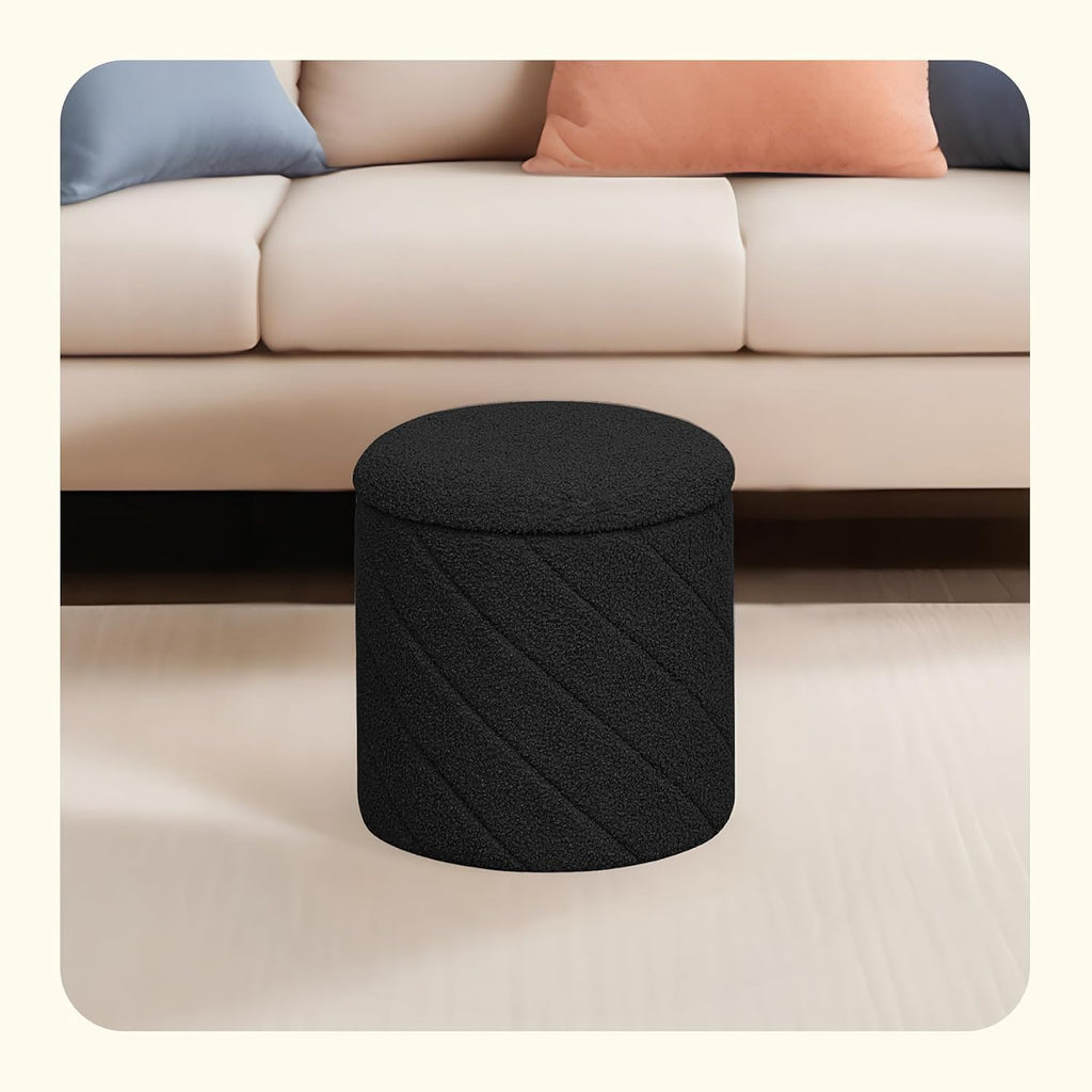 PINPLUS Ottoman with Stroage Round Boucle Ottoman and Tray Sherpa Removable Foot Stool Coffee Table for Dorm, Living Room Black, 13"x13"x13.7"