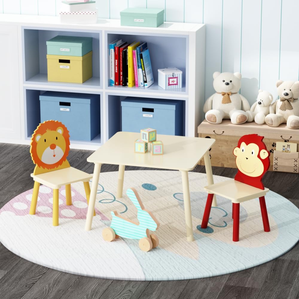 Kids Table and 2 Chairs Set, 3 Pieces Toddler Table and Chair Set, Wooden Activity Play Table Set (Lion&Monkey) (Yellow + Red)