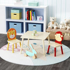 Kids Table and 2 Chairs Set, 3 Pieces Toddler Table and Chair Set, Wooden Activity Play Table Set (Lion&Monkey) (Yellow + Red)