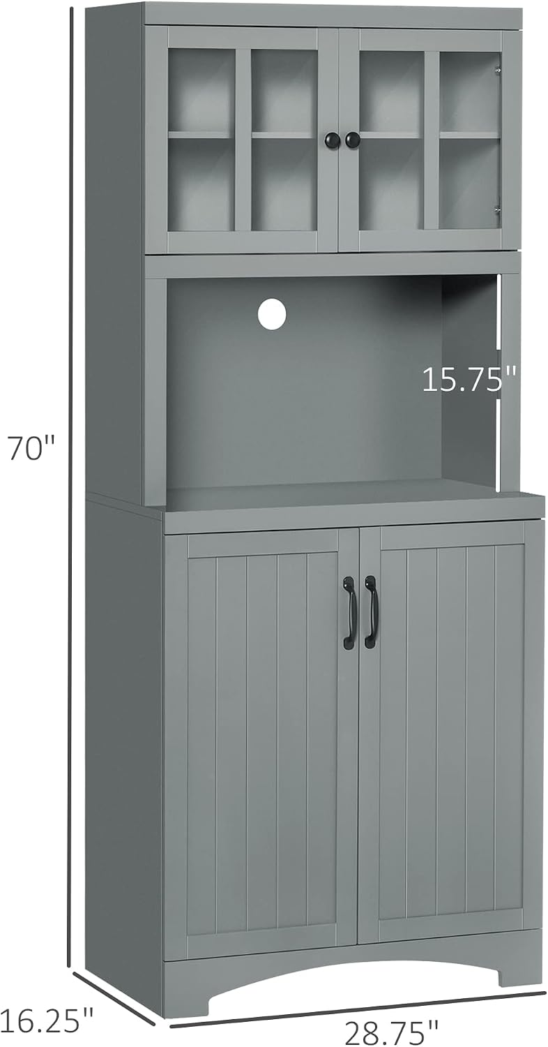 HOMCOM Kitchen Hutch 70" Pantry Cabinet Glass Framed Door Dining Room Gray | Storage Cabinet, Adjustable Shelves, Microwave Space