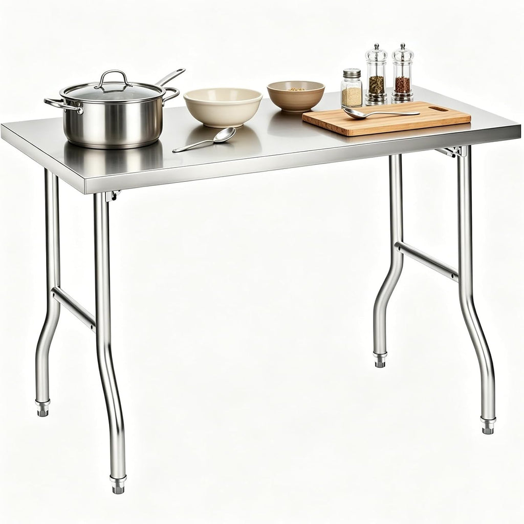Foldable Stainless Steel Table 48x24 Inch, 1-Tier Portable Workstation, Commercial & Utility Table for Kitchen Prep, Catering, Garage, Workshop and Home Use, 600 LB Capacity