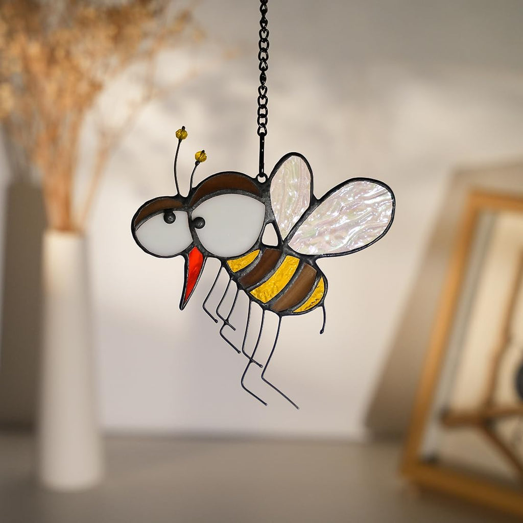 BOXCASA Honey Bee Suncatcher,Bee Stained Glass Suncatcher for Window Hanging Mosquito Decor,Bumblebee Wall Decor for Home Kitchen Bedroom, Bee Themed Gifts for Mom,Grandma or Friends