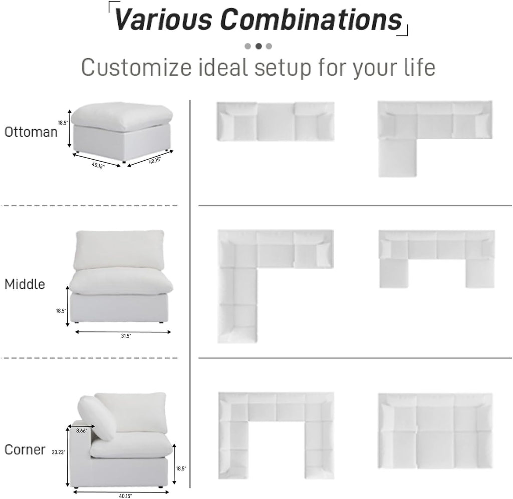 Cloud Modular Sectional Couch,160inch Overzised Down Filled Comfort Sofa Couch for Living Room,8 Seater Minimalist Wide Deep Seat Convertible Couches,Sofa Cover Washable & Removable,White
