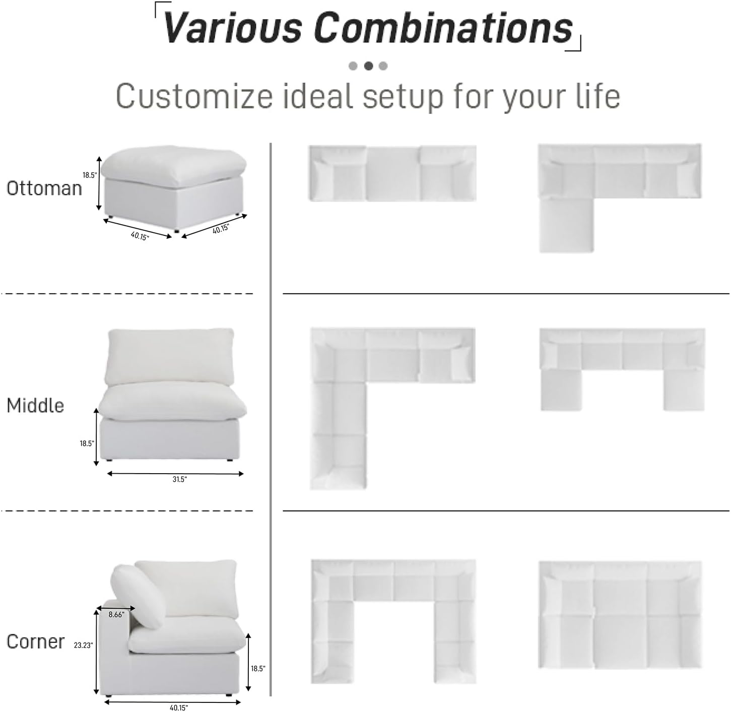 Cloud Modular Sectional Couch,160inch Overzised Down Filled Comfort Sofa Couch for Living Room,8 Seater Minimalist Wide Deep Seat Convertible Couches,Sofa Cover Washable & Removable,White