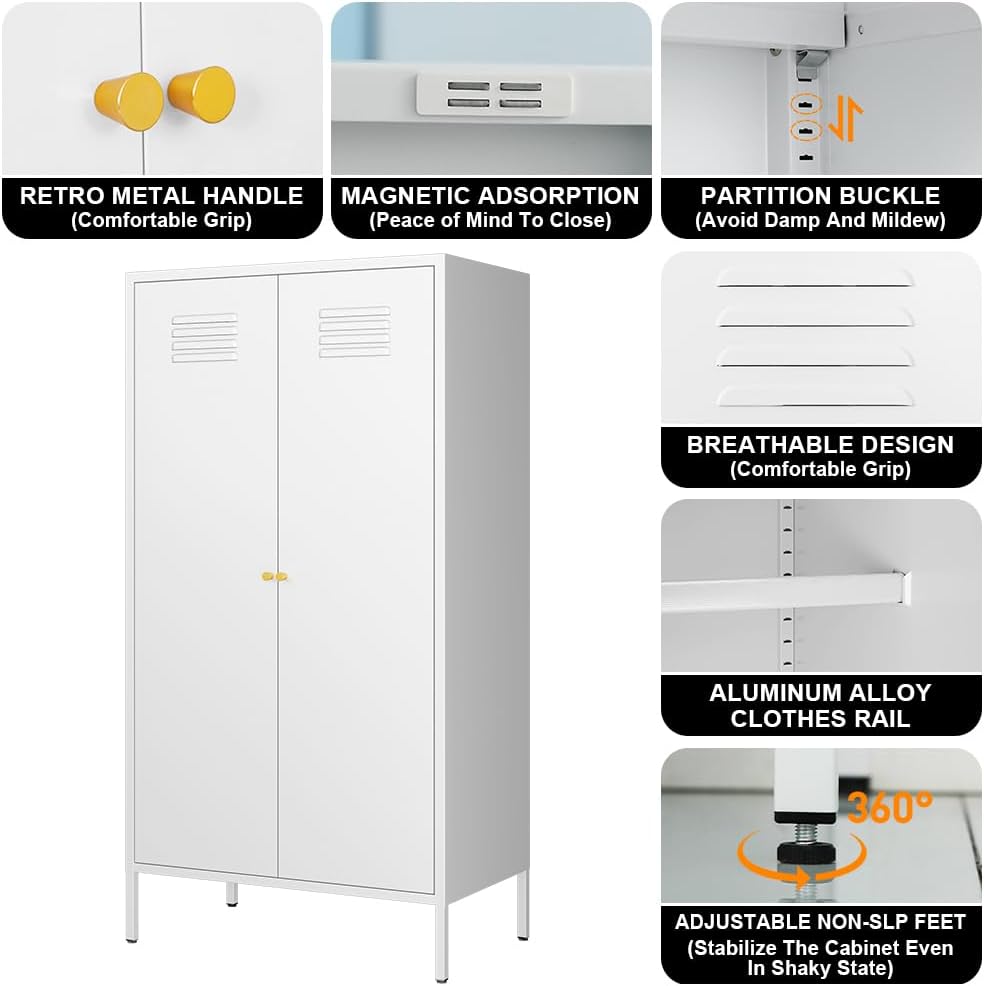 2 Door Metal Cabinet,Classified Storage Tall Storage Cabinet with Hanging Rod&2 Freely Adjustable Shelves, Metal Tall Storage Cabinet for Garage, Storage Room,Home (Steel Cabinet,White)