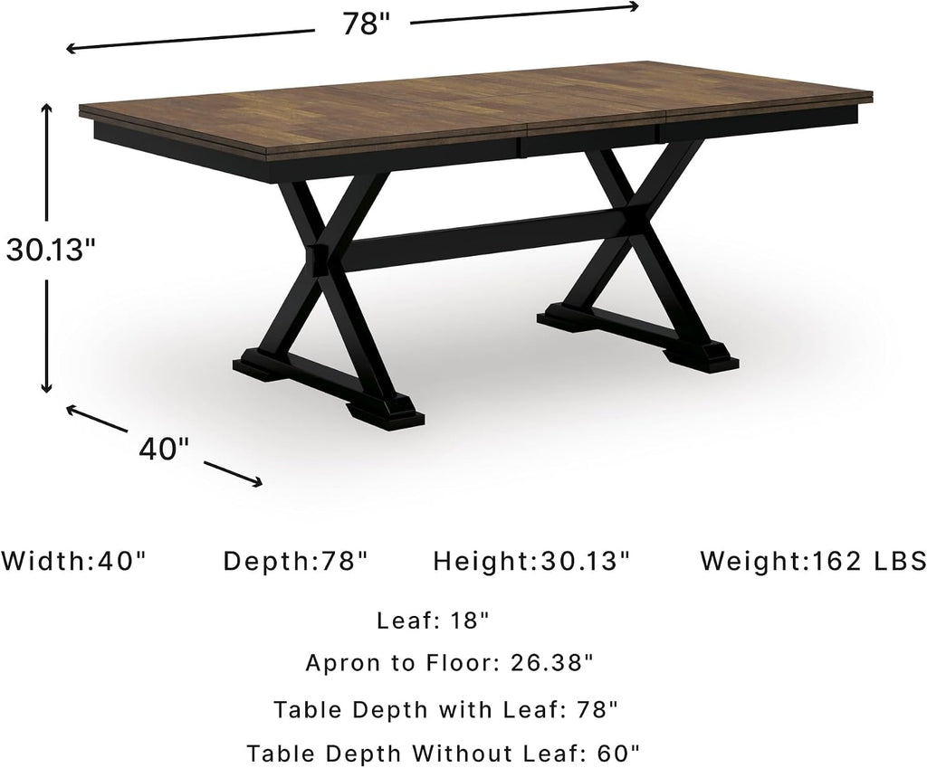 Signature Design by Ashley Wildenauer Extendable Dining Table, Farmhouse | Hardwood solids, Mango wood veneer, MDF substrate, Trestle base, Self-storing butterfly leaf, Seats 8, 60 to 78 inch length