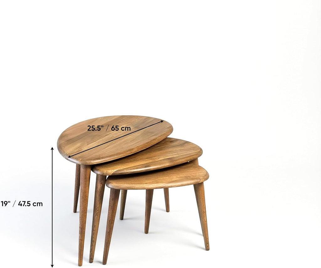 Ultimate Premium Products Solid Nesting Table Set of 3- Walnut Mid Century Pebble Tables with Tapered Legs – Wooden Home Furniture in a Retro Style - Walnut