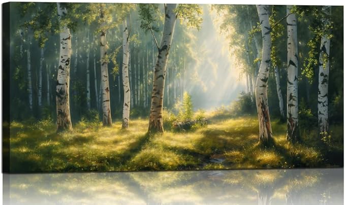 Nature Wall Art Forest Scenery Wall Art Landscape Pictures Green Birch Tree Canvas Print Beautiful Painting Decor for Living Room Mountain Canvas for Home Office Decorations 20x40Inch