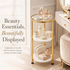 Glass Side Table, Tempered Glass Small Round Side Table with 3-Tier Storage Shelves for Small Spaces, Modern Glass Round End Table for Living Room, Bedside Nightstand for Bedroom (White+Gold)