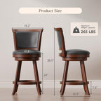 Bar Stools Set of 2, Farmhouse 24" Counter Height Barstools, Brown | Upholstered Leather Cushion&Backrest, Solid Wood Legs & Footrest, 360-degree Swivel Seat