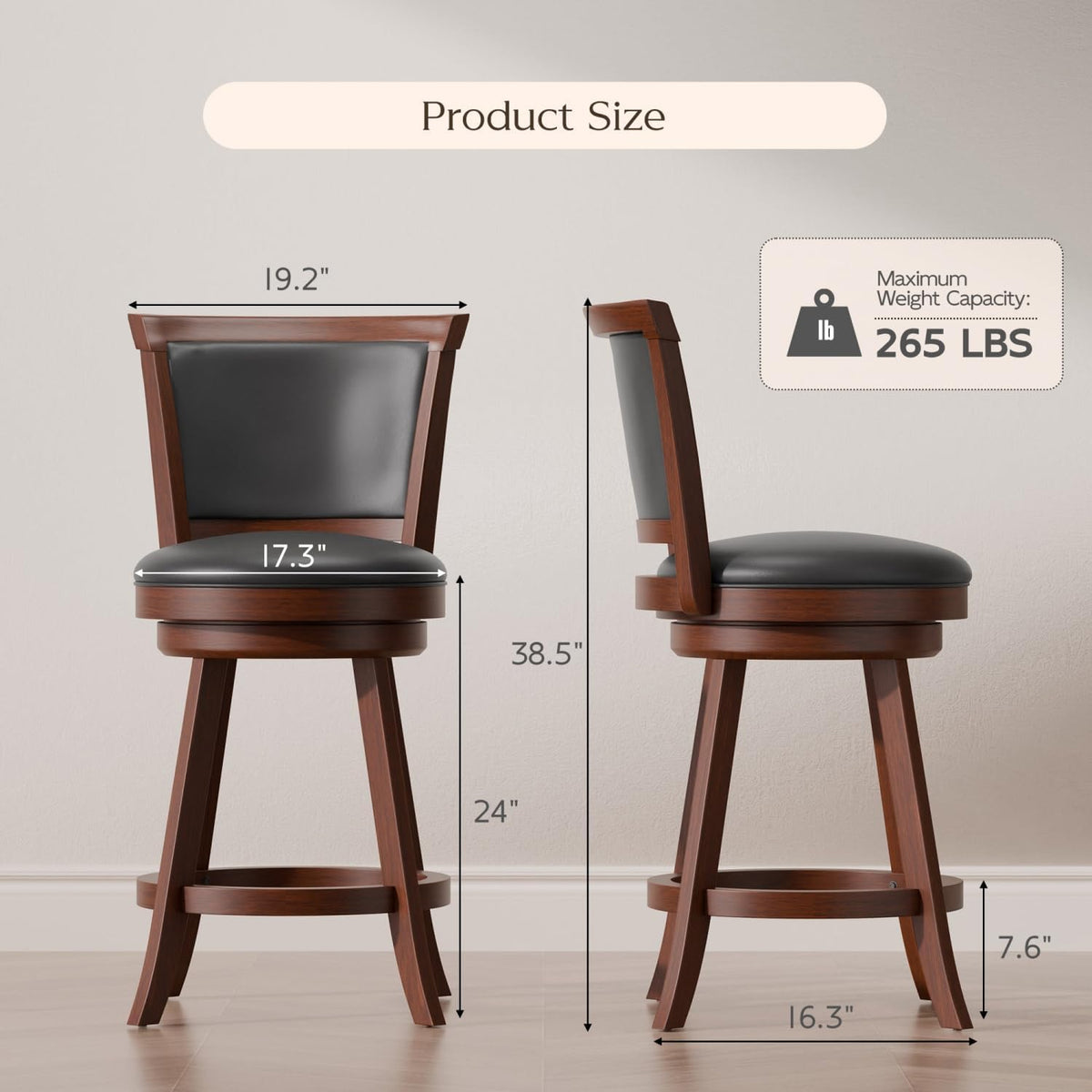 Bar Stools Set of 2, Farmhouse 24" Counter Height Barstools, Brown | Upholstered Leather Cushion&Backrest, Solid Wood Legs & Footrest, 360-degree Swivel Seat