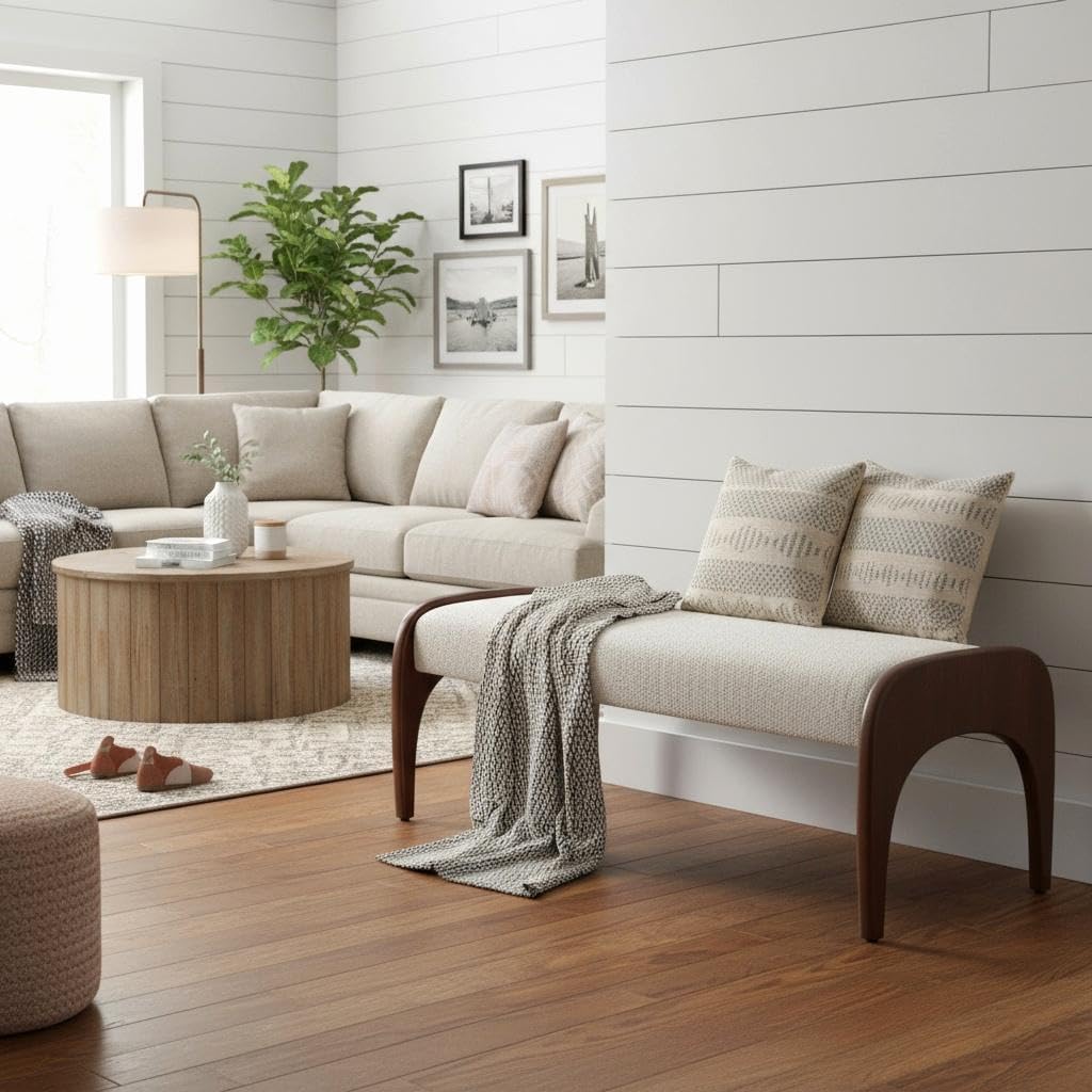LukeAlon 51-Inch Extra Long Upholstered Bench with Cute Solid Walnut Rubber Wood Legs, Minimalist Bed End Bench for Bedroom, Living Room, Dining Table, Entryway Hallway Seat, Fur Fabric in Beige