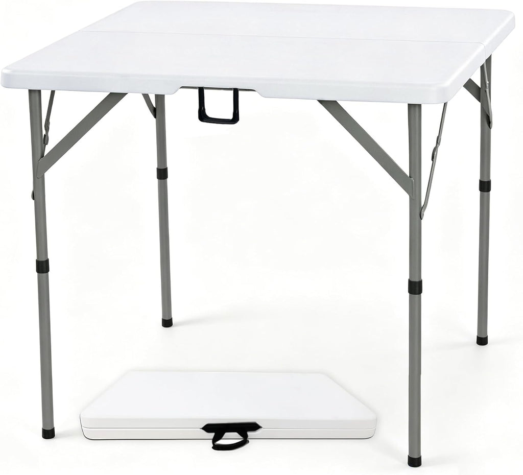 34" Square Folding Card Table, 3ft Foldable Portable Plastic Table | 3 foot Adjustable Height, Indoor Outdoor, White HDPE, Heavy Duty, Camping, Dining for Party, Picnic, Game, Mahjong, Puzzle