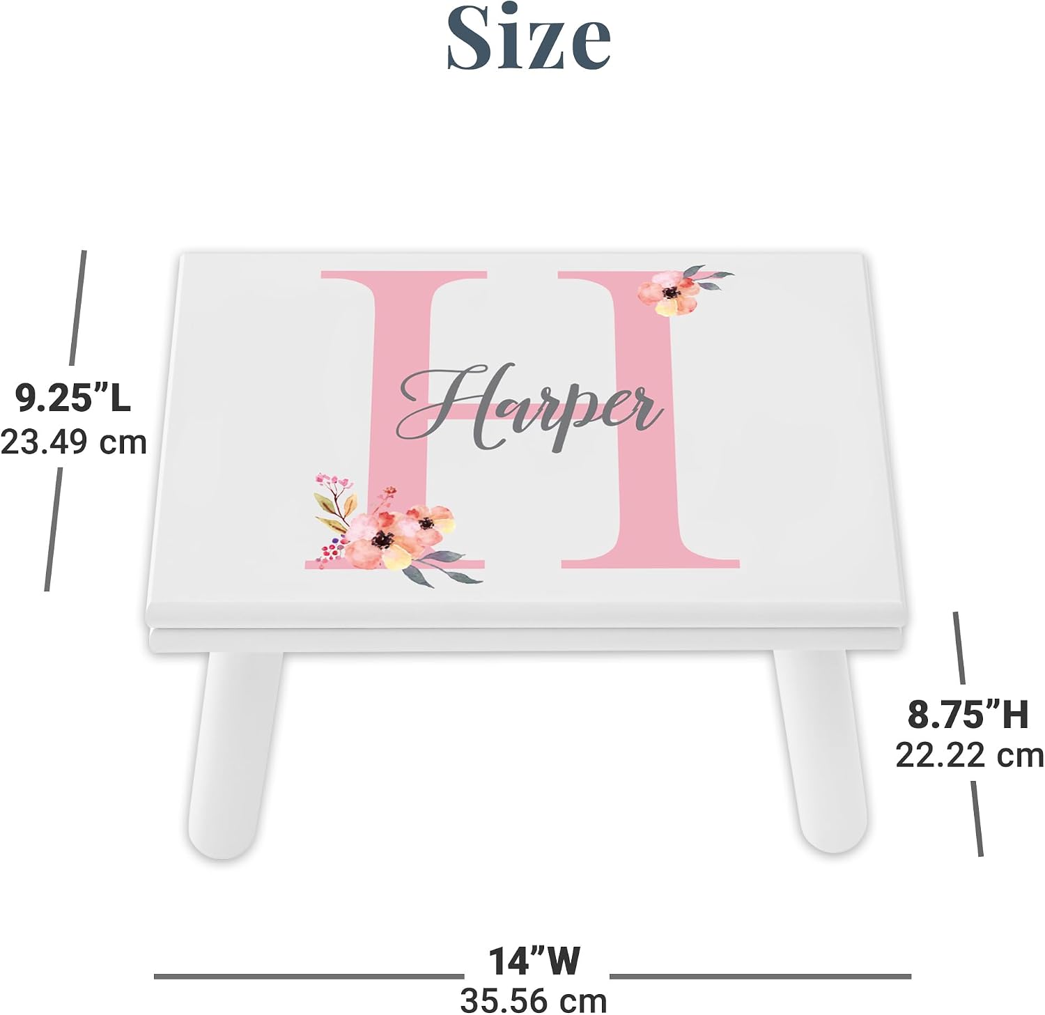 Let's Make Memories Personalized Step Stool- Name and Initial- Wood- Floral Design- White- Ages 3+
