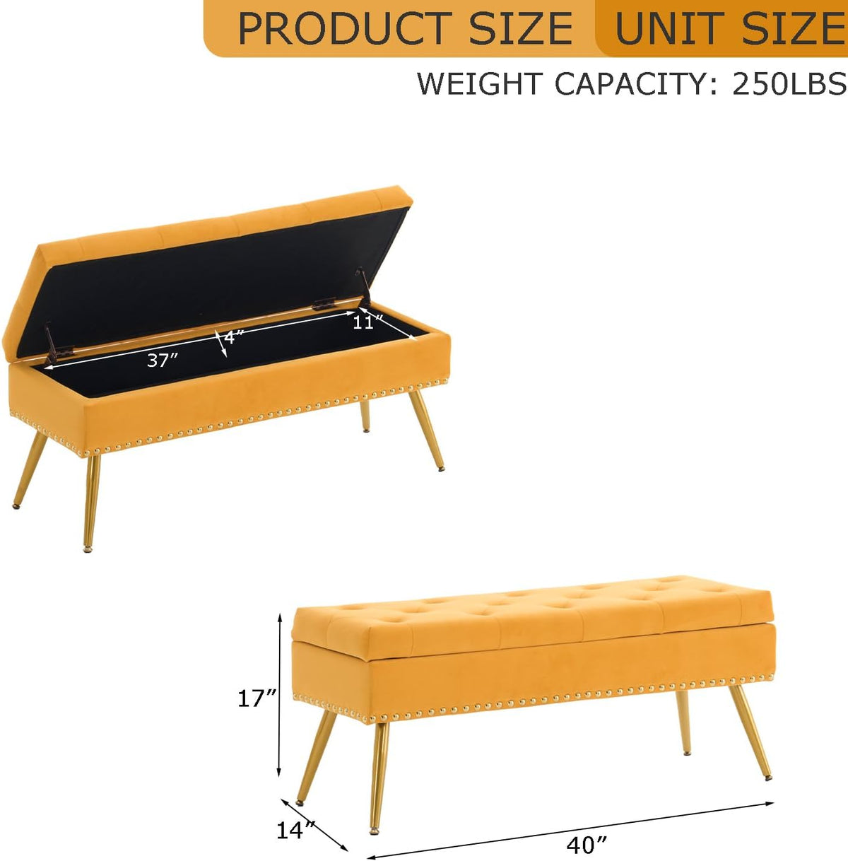 40" Mustard Yellow Velvet Storage Bench with Gold Legs Nailhead Trim | Tufted Ottoman, End of Bed Bench, Upholstered, For Bedroom/Living Room/Window/Entryway/Dining Bench, Modern, Rectangle