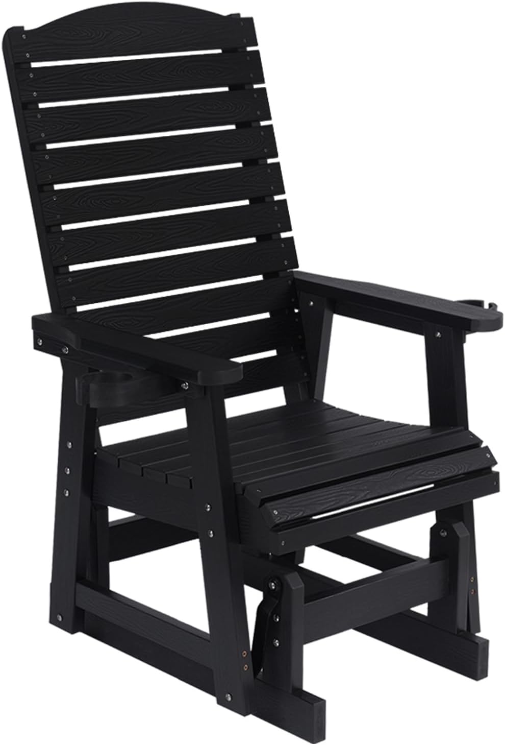 Poly Lumber Patio Glider for One Person, with Cup Holders, High Backrest and Deep Contoured Seat, HIPS Material, All-Weather Resistant, Heavy Duty 700 Pounds (Black)