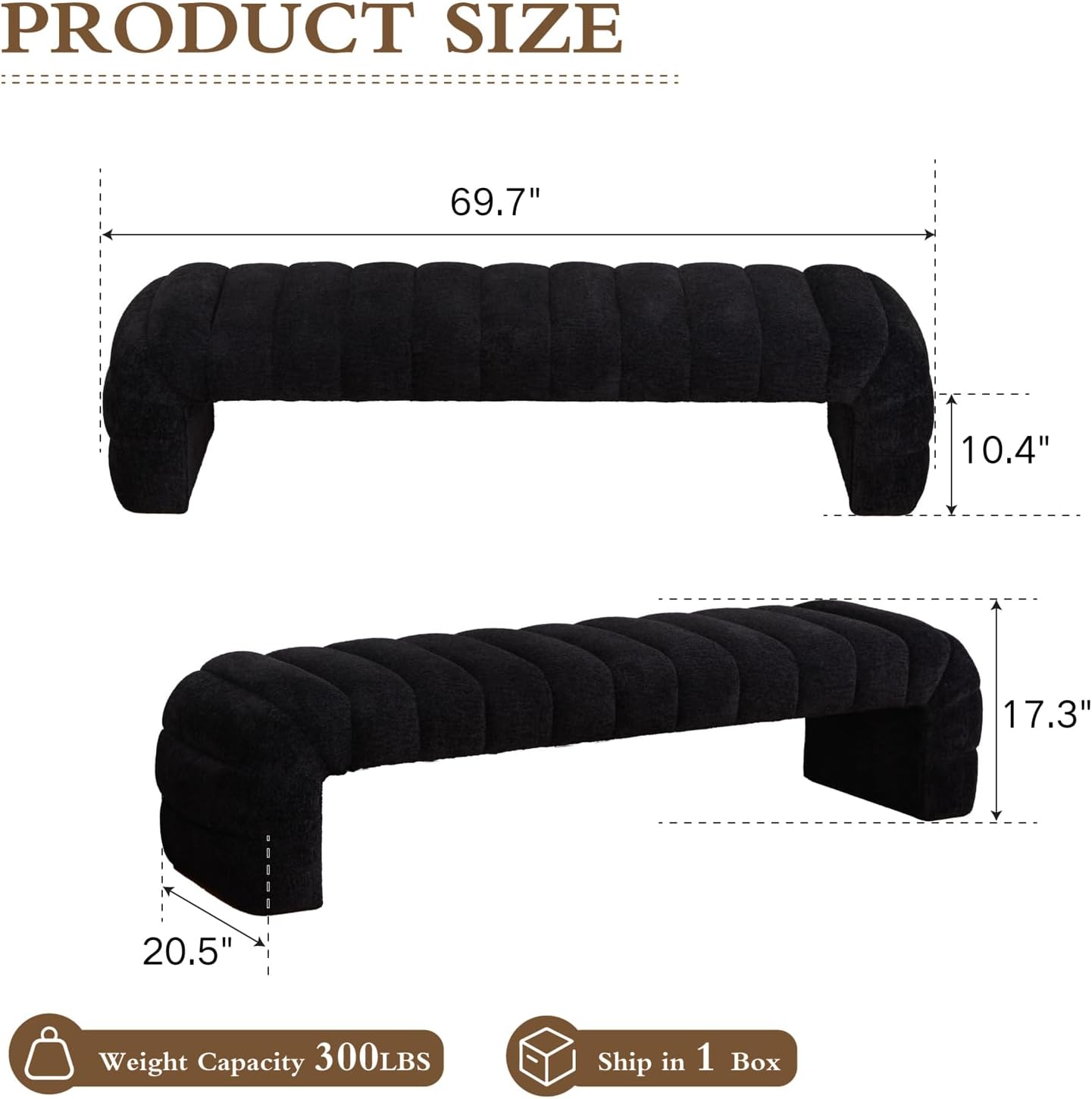 Chifee & Vingol 69.7" W Modern Living Room Bench Upholstered Bedroom Benches End of Bed Bench for Entryway, Dining Room and Living Room,Black