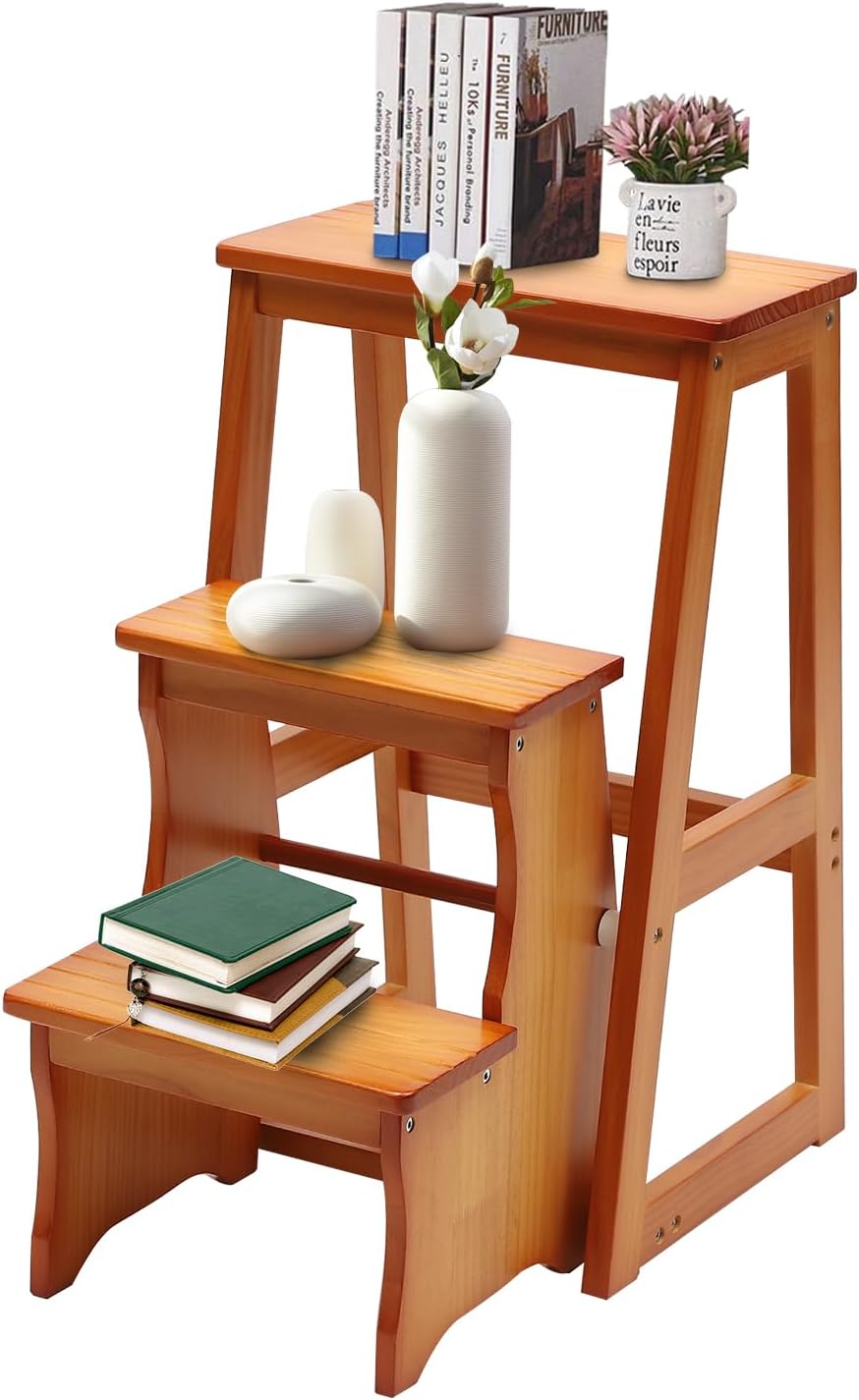 Folding Library Ladder Chair, 3-Step Stool Stepladders Lightweight Portable Multi-Functional Wood Step Ladder for Home,Kitchens, Garages (Honey)