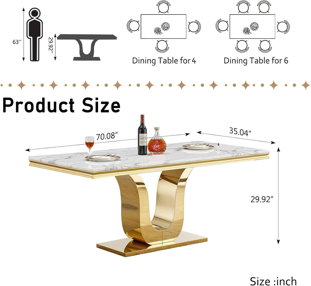 SSLine 68'' Marble Dining Table,Luxury Rectangular Kitchen Dining Room Table,Dining Table for 4-8 People with Gold U-Shape Stainless Steel Base for Kitchen Apartment