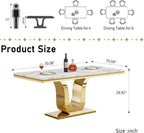 SSLine 68'' Marble Dining Table,Luxury Rectangular Kitchen Dining Room Table,Dining Table for 4-8 People with Gold U-Shape Stainless Steel Base for Kitchen Apartment