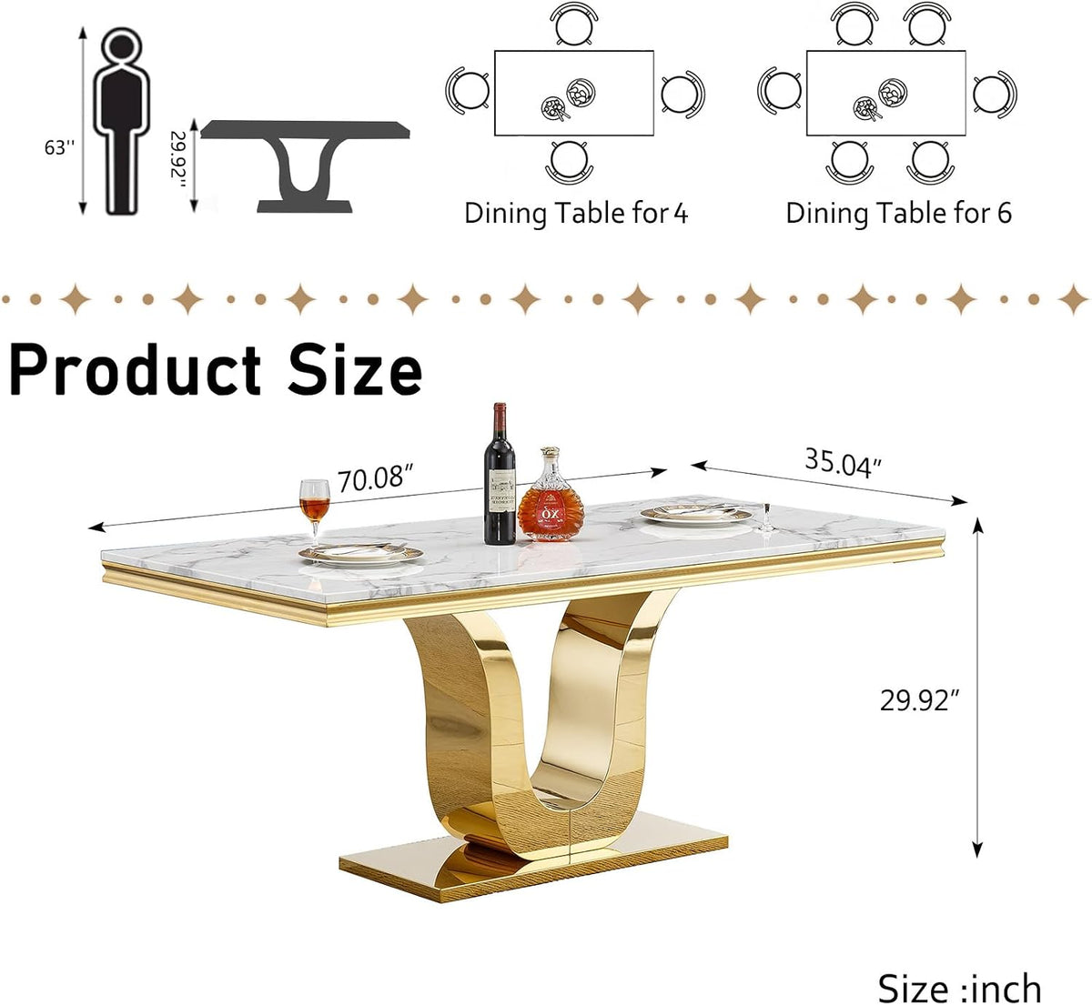 SSLine 68'' Marble Dining Table,Luxury Rectangular Kitchen Dining Room Table,Dining Table for 4-8 People with Gold U-Shape Stainless Steel Base for Kitchen Apartment