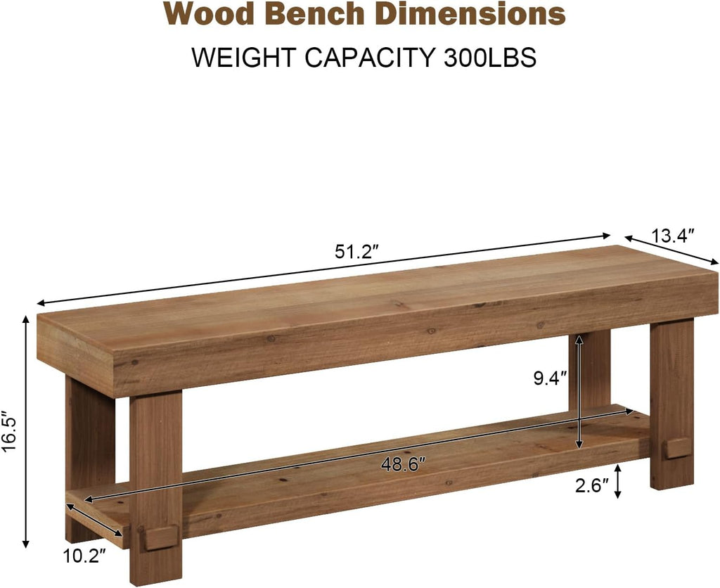 HOKYHOKY 51.2" Long Solid Wood Bench Farmhouse Entryway Bench, End of Bed Storage Benches Narrow Seat Accent Benches for Indoor, Entryway, Dining Room, Living Room, Bedroom and Hallway, Natural